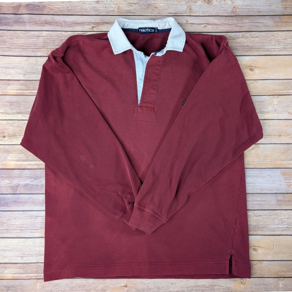 Vintage 90s Nautica Competition Rugby Shirt Mens XXL Burgundy Color Long Sleeve